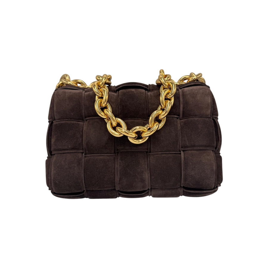 Bottega Veneta Cassetta Con Catena Imbottita Marrone Velluto Oro