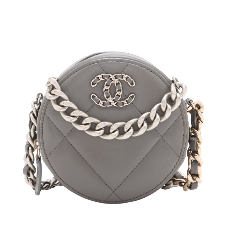 Borsa a tracolla Chanel 19 mini a catena rotonda Pelle di agnello grigia Hardware argento-oro