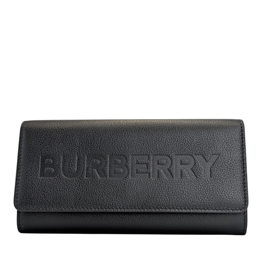 Secondhandbags AG Burberry LS Porter Portemonnaie aus schwarzem genarbtem Leder mit geprägtem Logo auf der Vorderseite