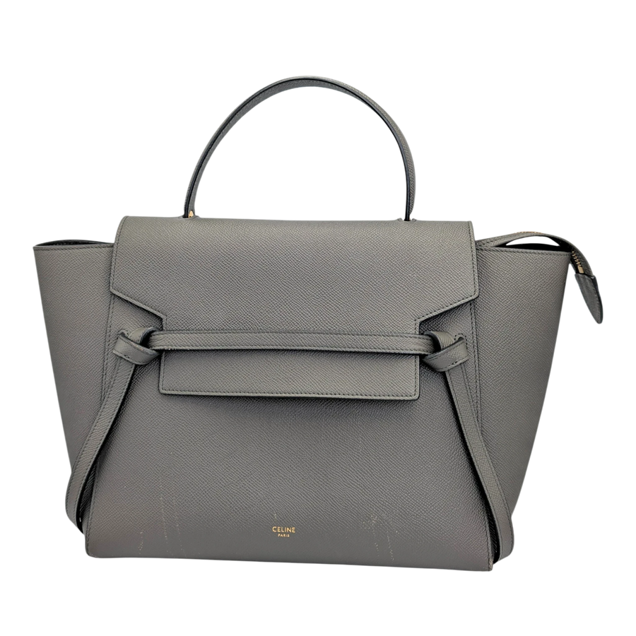 Secondhandbags AG Celine Belt Bag Mini aus grauem genarbtem Kalbsleder mit markanten seitlichen Riemen