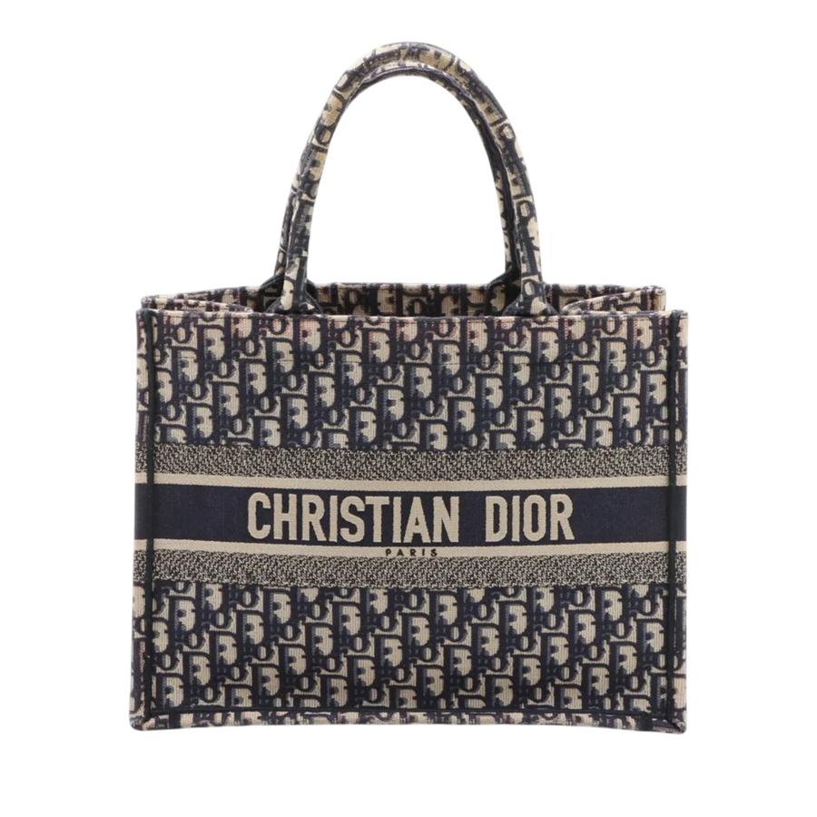 Secondhandbags AG navy blue Dior Book Tote Medium Oblique canvas bag with Christian Dior Paris logo.