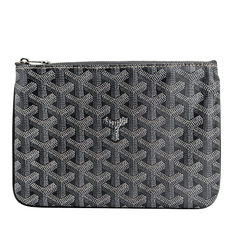 Secondhandbags AG Goyard Senat PM Pouch aus grauem Goyardine-Canvas mit Reissverschluss und Lederdetails
