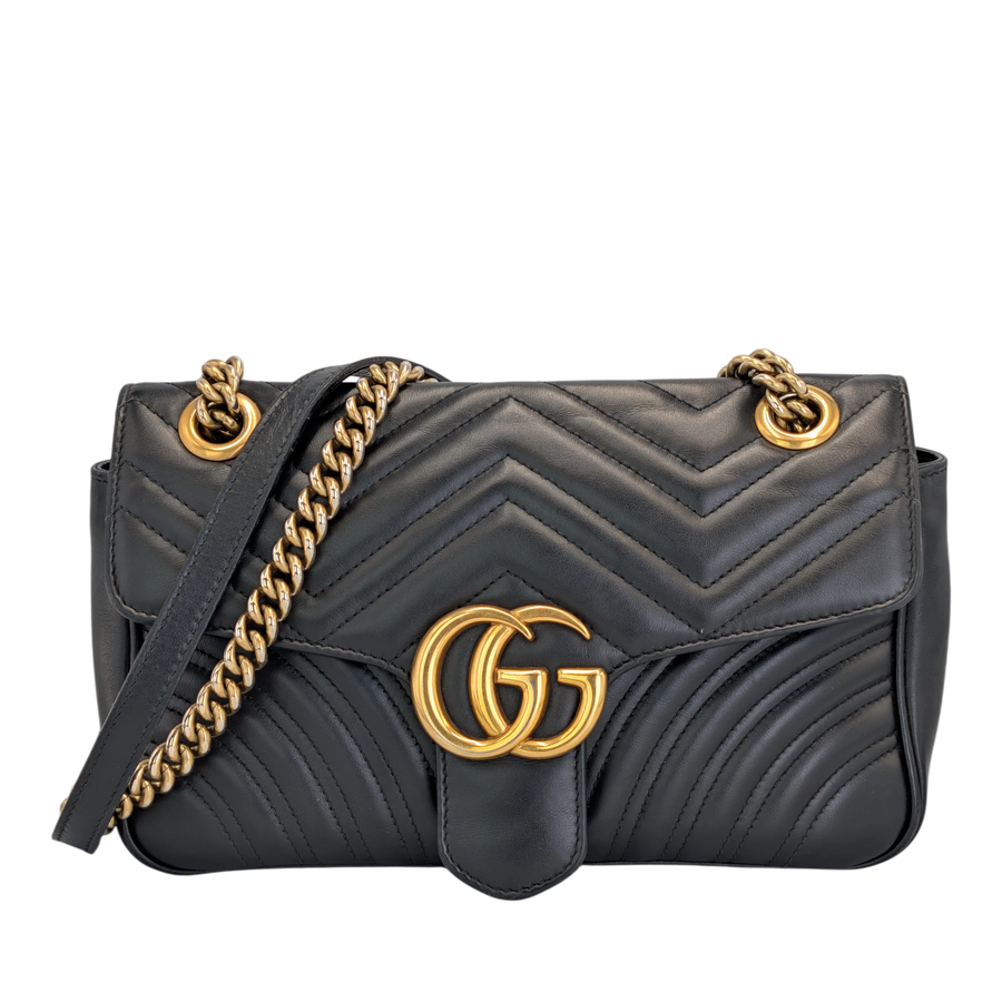 Secondhandbags AG Gucci GG Marmont small black quilted leather shoulder bag with gold-tone double G hardware