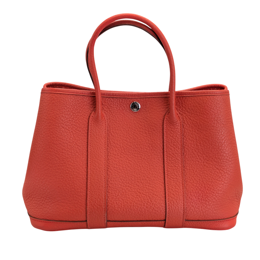 Secondhandbags AG Hermès Garden Party 30 tote bag in vibrant orange Negonda leather with silver-tone snap closure