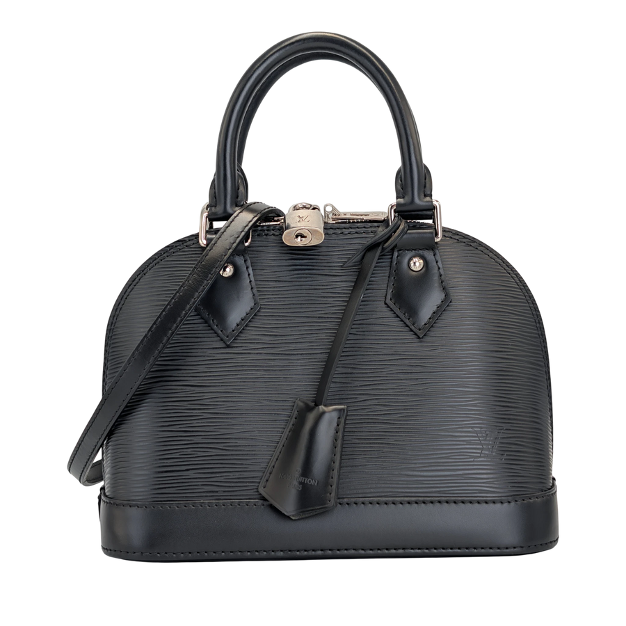 Secondhandbags AG Louis Vuitton Alma BB handbag in black textured Epi leather with silver hardware and shoulder strap