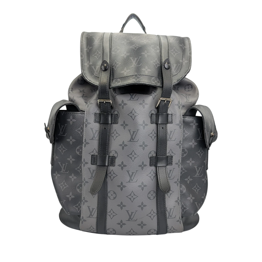 Secondhandbags AG Louis Vuitton Christopher MM Rucksack aus grauem Monogram Eclipse Canvas mit schwarzen Lederriemen