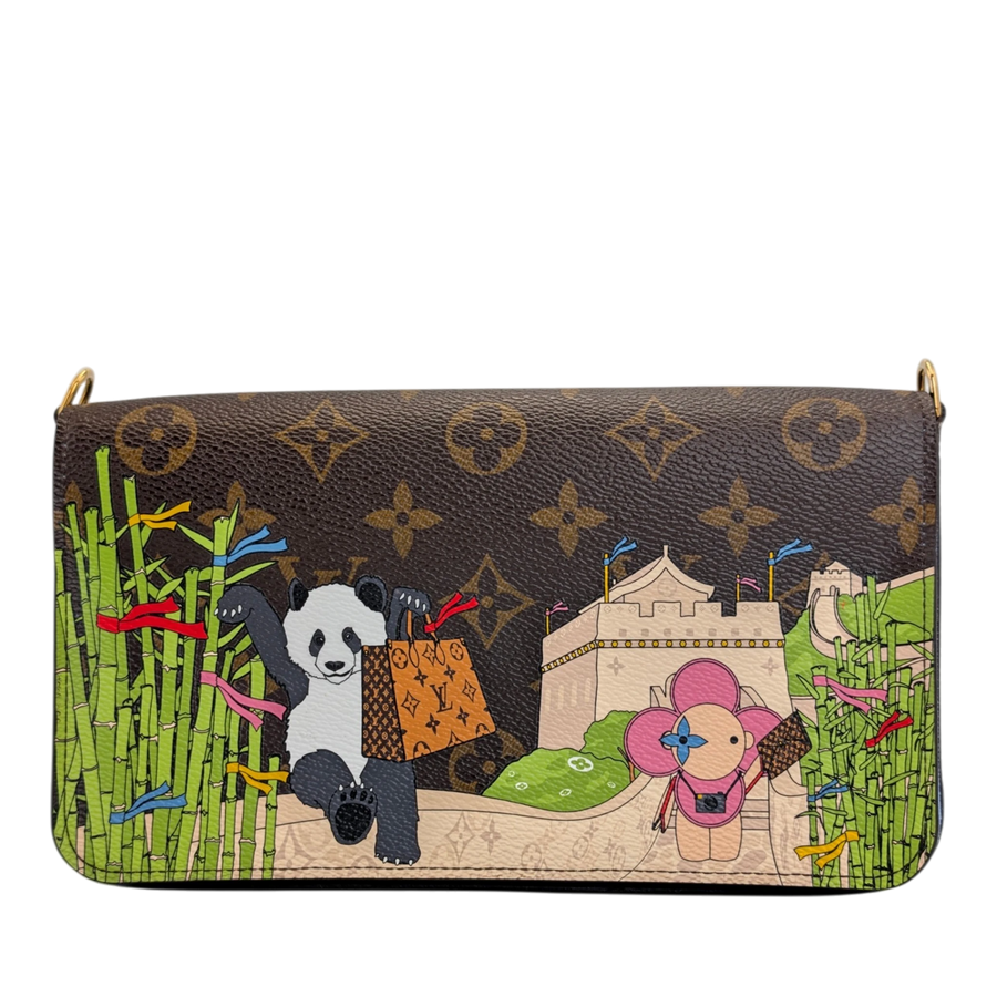 Secondhandbags AG Louis Vuitton Felicie Pochette mit Monogram Canvas und verspielter China Wall Weihnachtsillustration