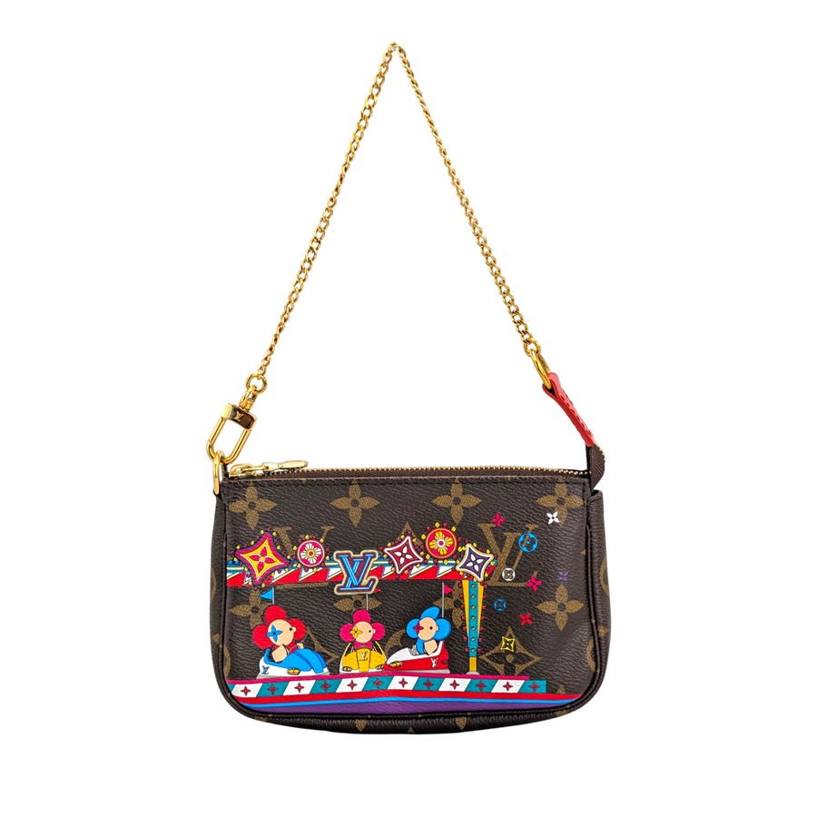Secondhandbags AG Louis Vuitton Mini Pochette Christmas Animation 2020 aus Monogram Canvas mit goldener Kette