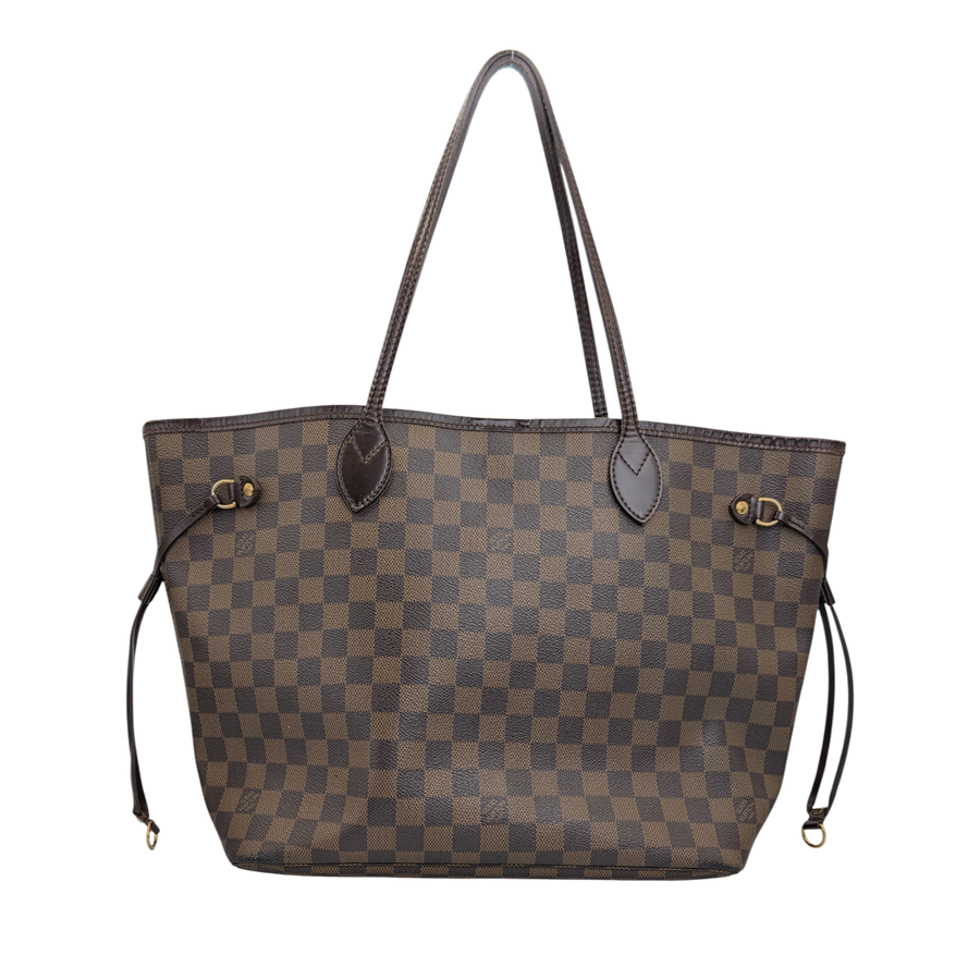 Secondhandbags AG Louis Vuitton Neverfull MM Tote aus braunem Damier Ebene Canvas mit Lederbesatz und Schnürriemen