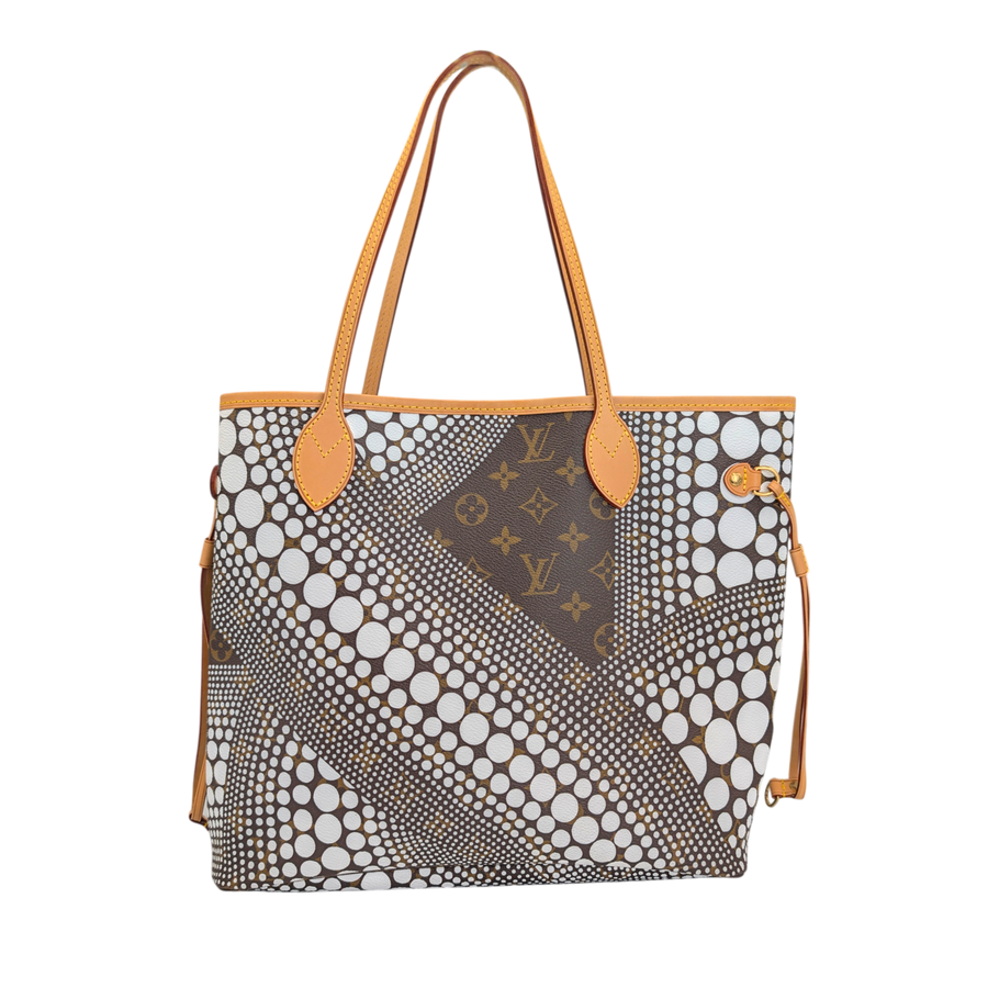 Secondhandbags AG Louis Vuitton Neverfull MM Tasche mit weissem Yayoi Kusama Punktemuster auf Monogram Canvas