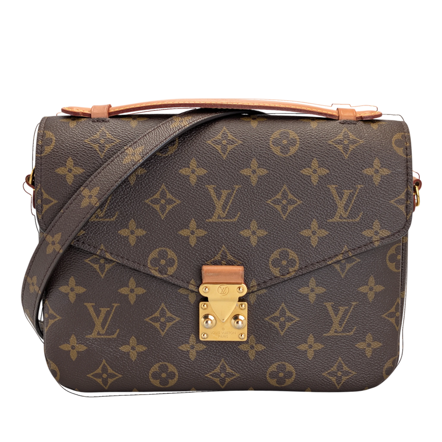 Secondhandbags AG Louis Vuitton Pochette Métis in brown monogram canvas with gold-tone S-lock and leather handle
