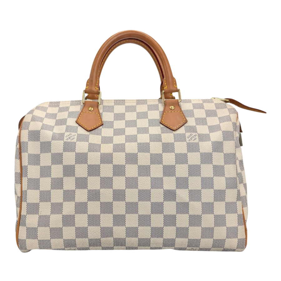 Secondhandbags AG Louis Vuitton Speedy 30 Handtasche aus Damier Azur Canvas mit hellen Ledergriffen und Gold-Details