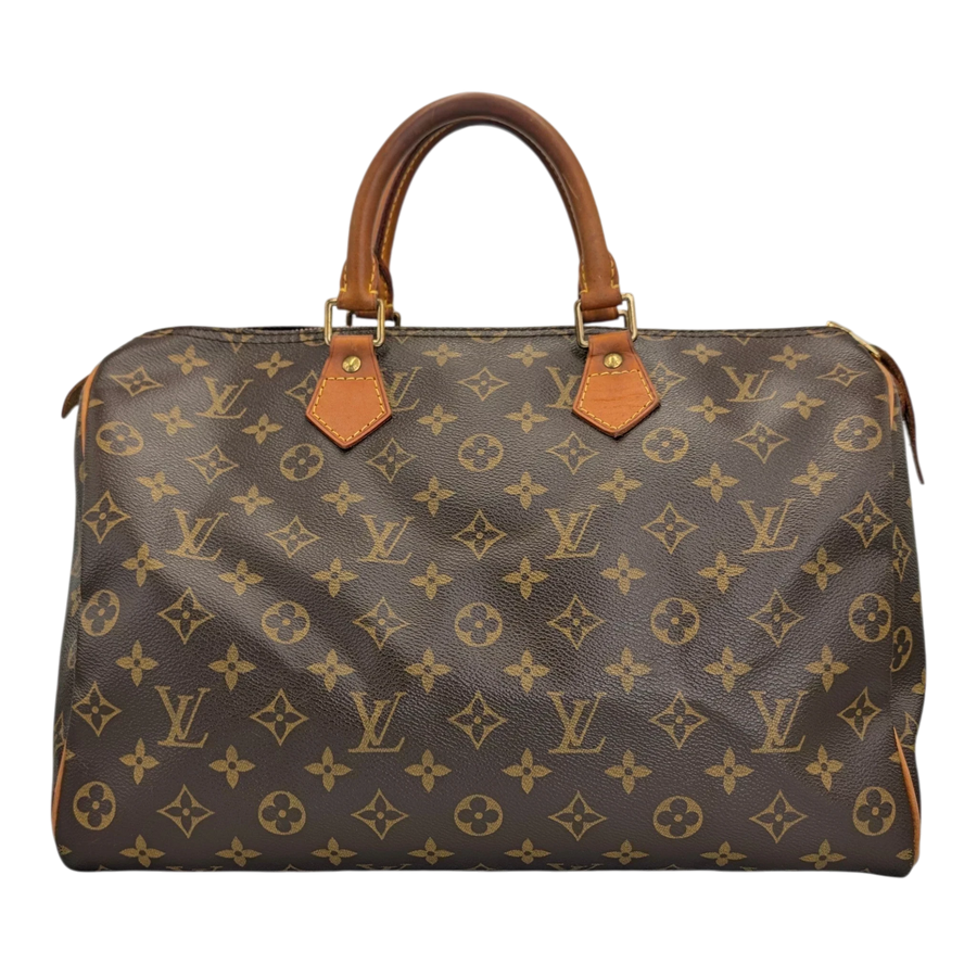 Secondhandbags AG Louis Vuitton Speedy 35 Tasche aus braunem Monogram Canvas mit Ledergriffen und Gold-Details