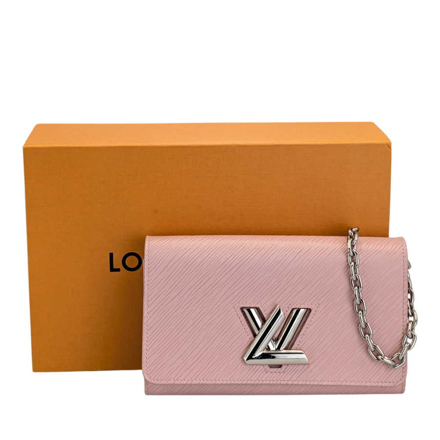 Secondhandbags AG Louis Vuitton Twist wallet on chain in rose pink Epi leather with silver LV twist lock and chain.