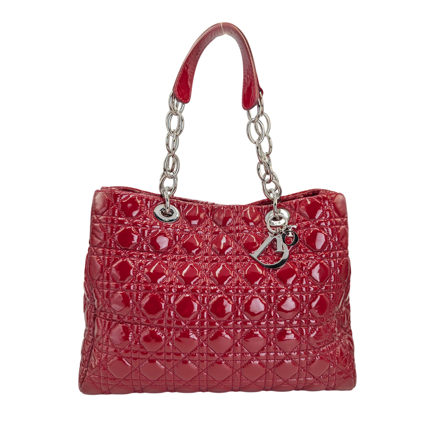 Secondhandbags AG Lady Dior Soft large handbag in red patent leather with signature cannage quilting and silver charms