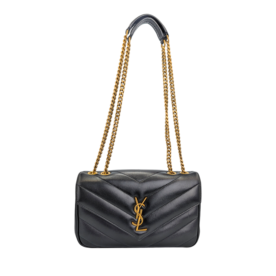 Secondhandbags AG Yves Saint Laurent LouLou Small Schultertasche aus schwarzem Lammleder mit goldener Kette