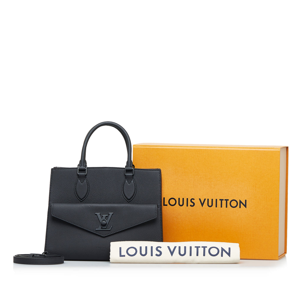 LOUIS VUITTON Lockme MM Leather Satchel Bag Black Top Handle Shoulder