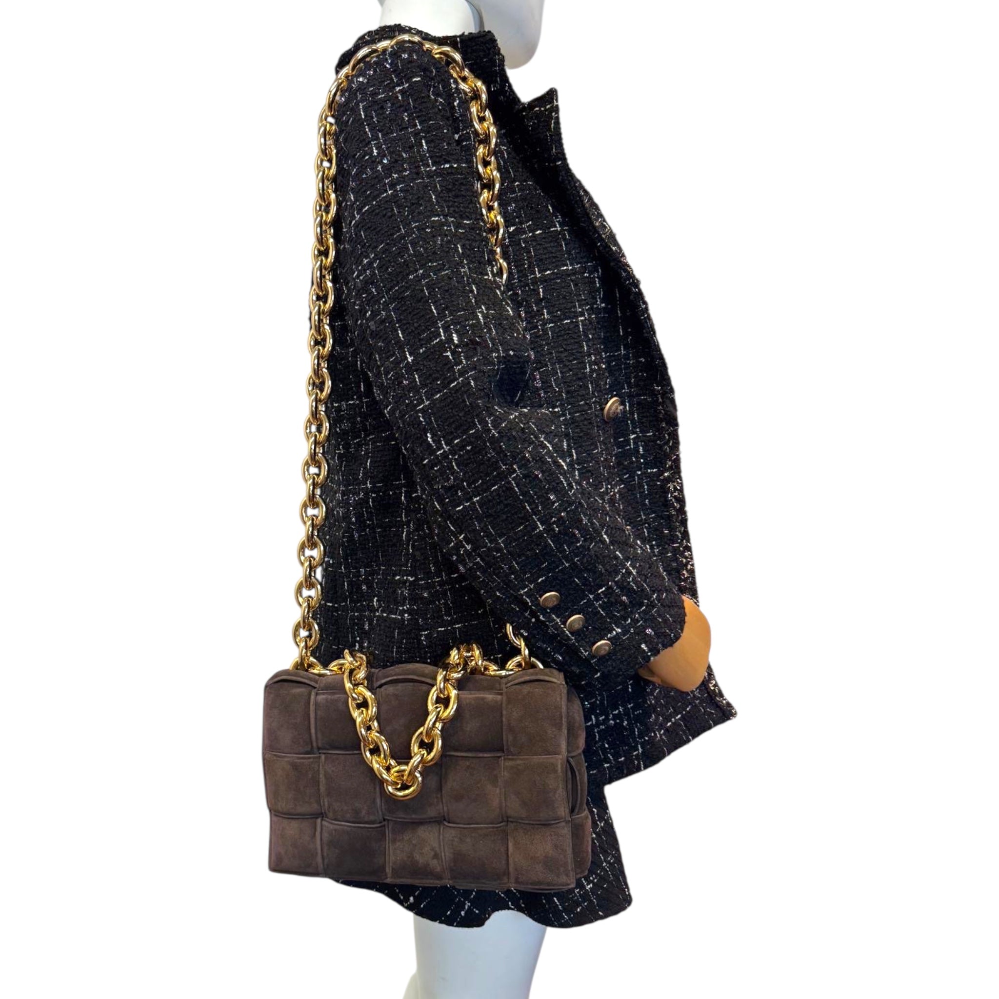 Bottega Veneta Padded Chain Cassette Brown Velvet Gold