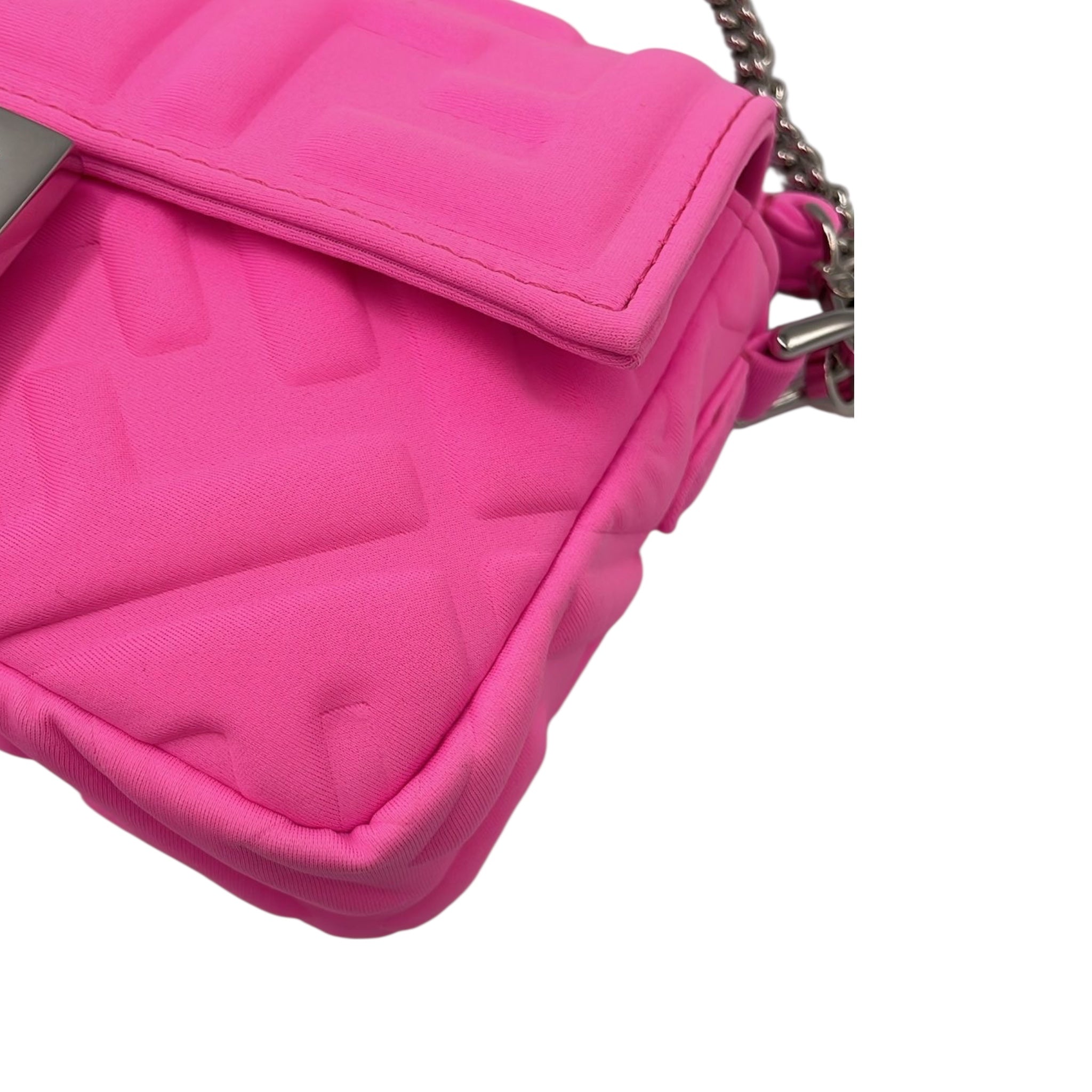 Fendi Baguette Chain Bag Mini Fluorescent Pink Rubberized/Silicone embossed FF Logo Silver