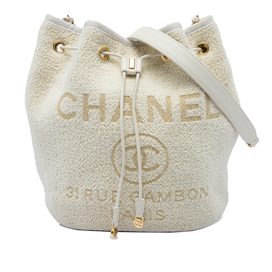 Chanel Deauville Drawstring Bucket Small White Tweed Calfskin