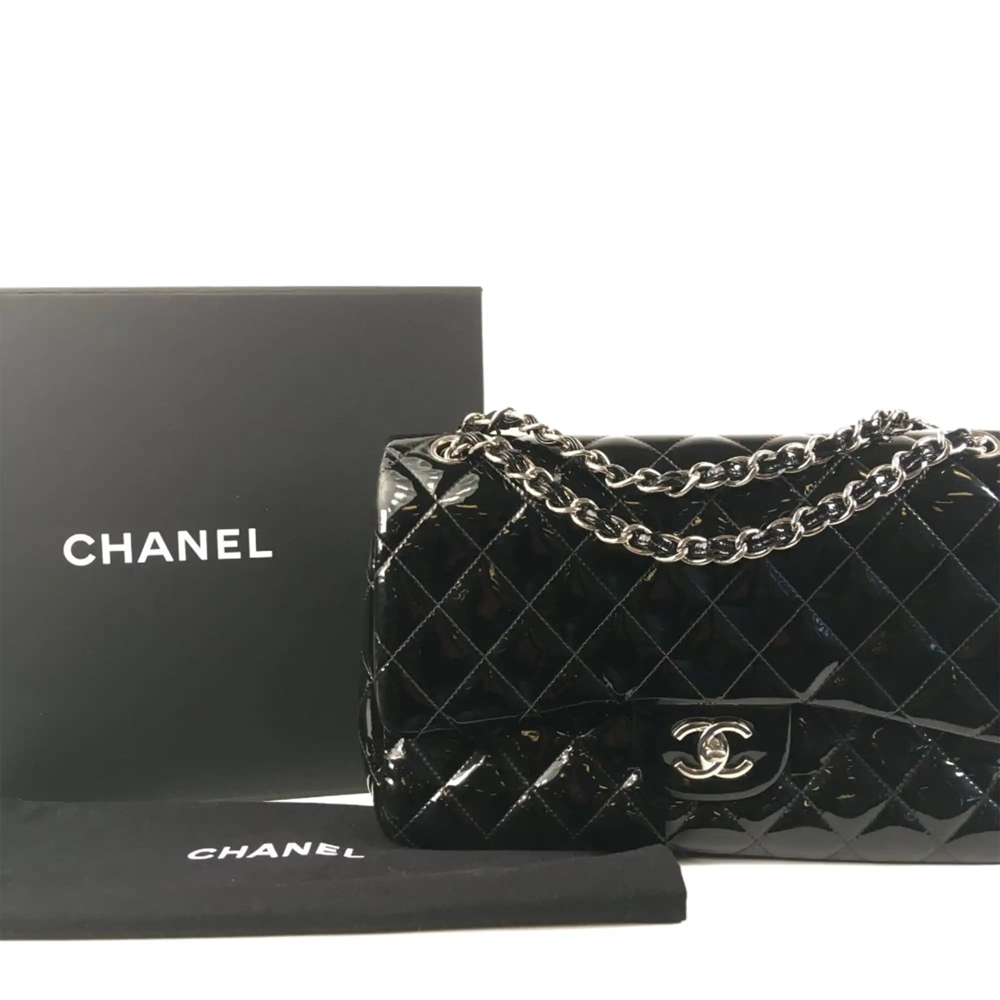 Chanel Classic Double Flap Jumbo Black Patent Leather Silver