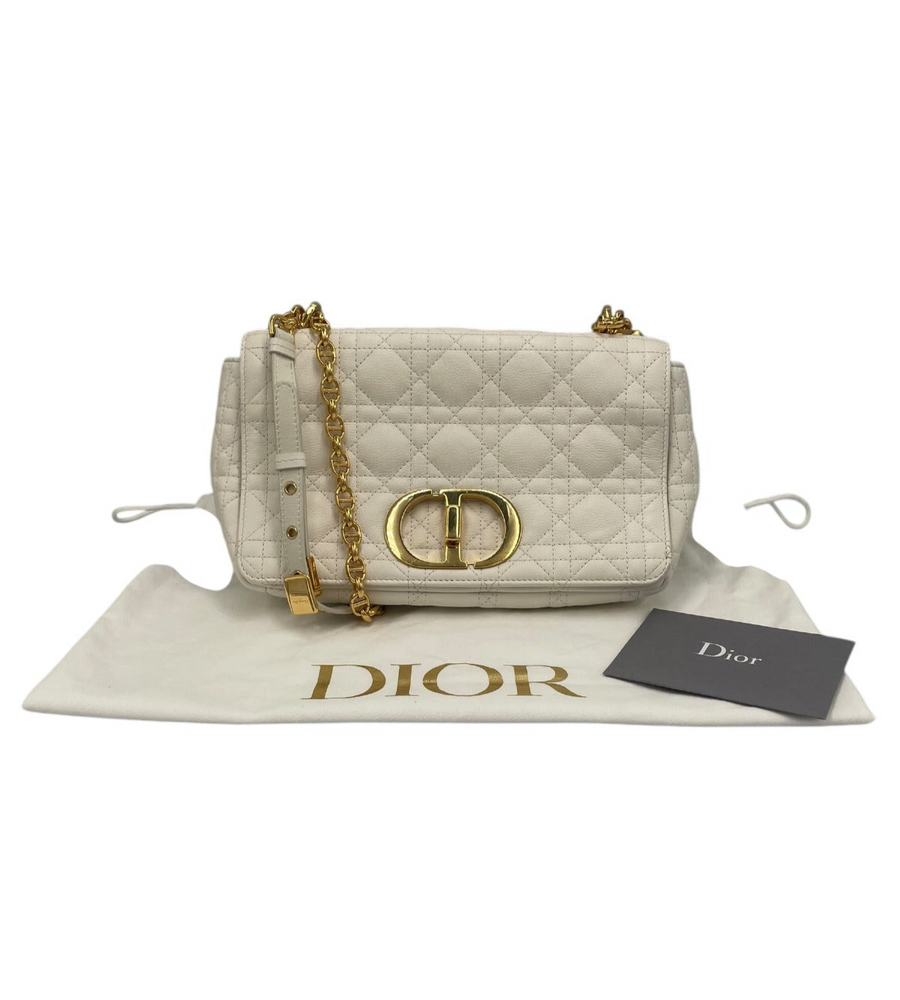 Dior Caro Medium White Cannage Leather Gold