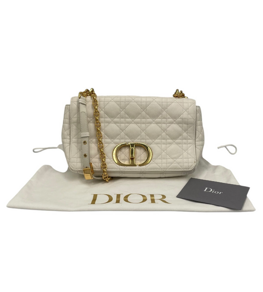 Dior Caro Medium Cuir Cannage Blanc Or