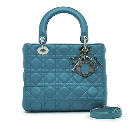 Dior Lady Dior Cuir d'agneau Cannage bleu moyen Argent