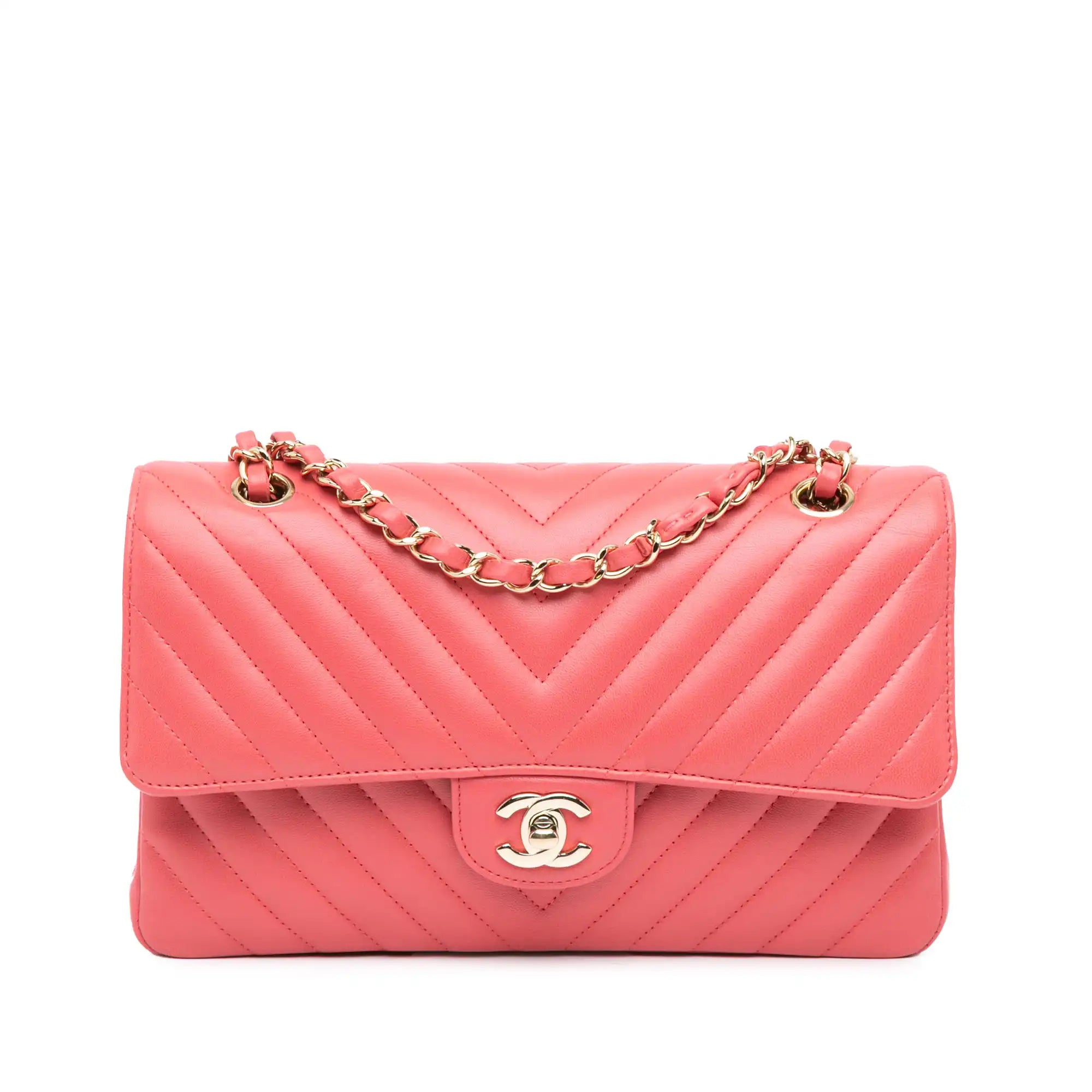 Chanel Classic Double Flap Medium Pink Chevron Lambskin Gold