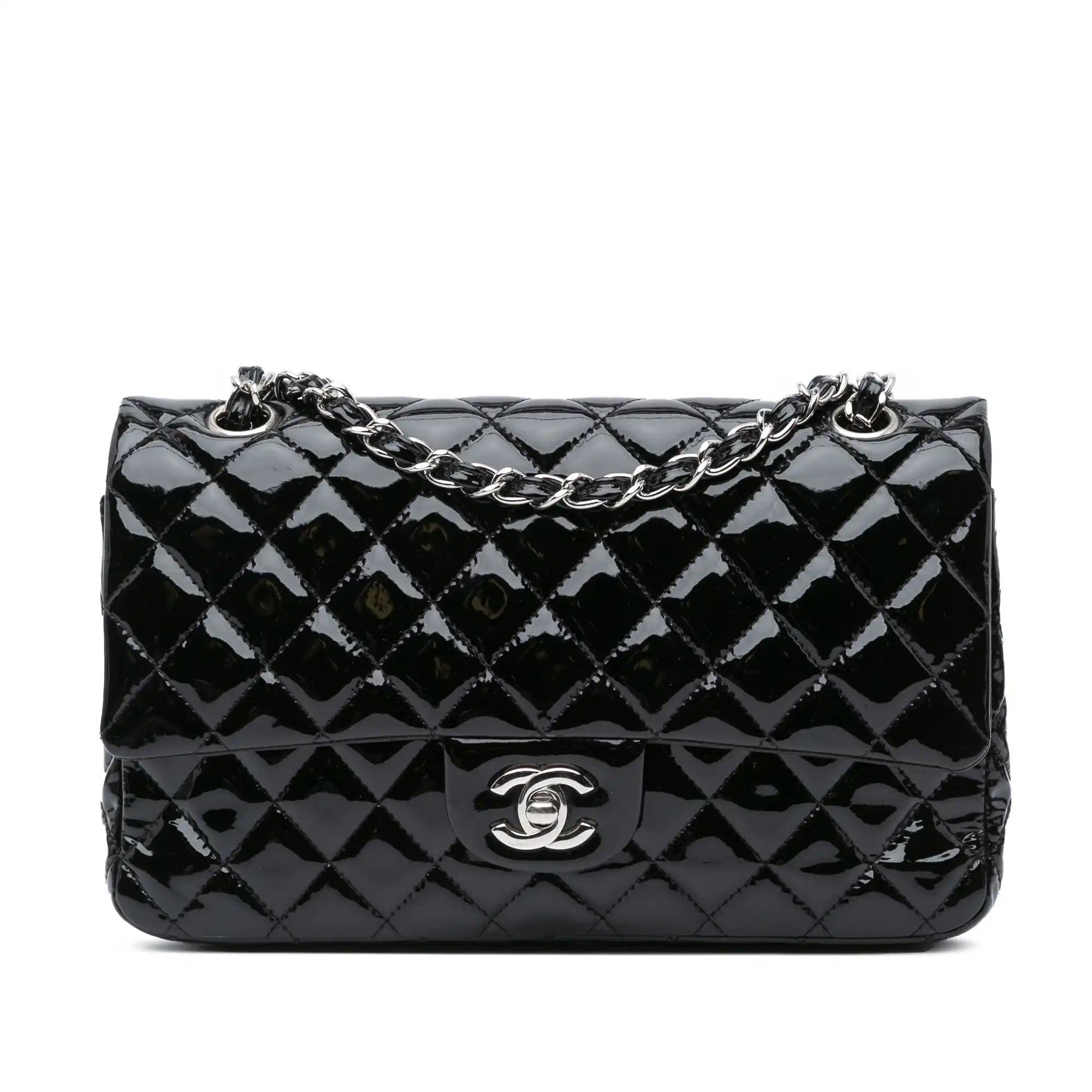 Chanel Classic Double Flap Medium Black Patent Leather Silver