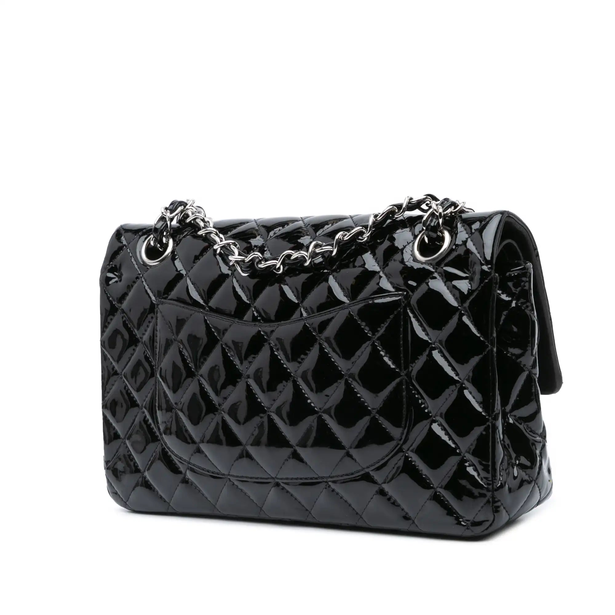 Chanel Classic Double Flap Medium Black Patent Leather Silver