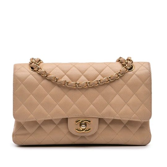 Chanel Classic Doppia Patta Beige Medio Caviar Oro