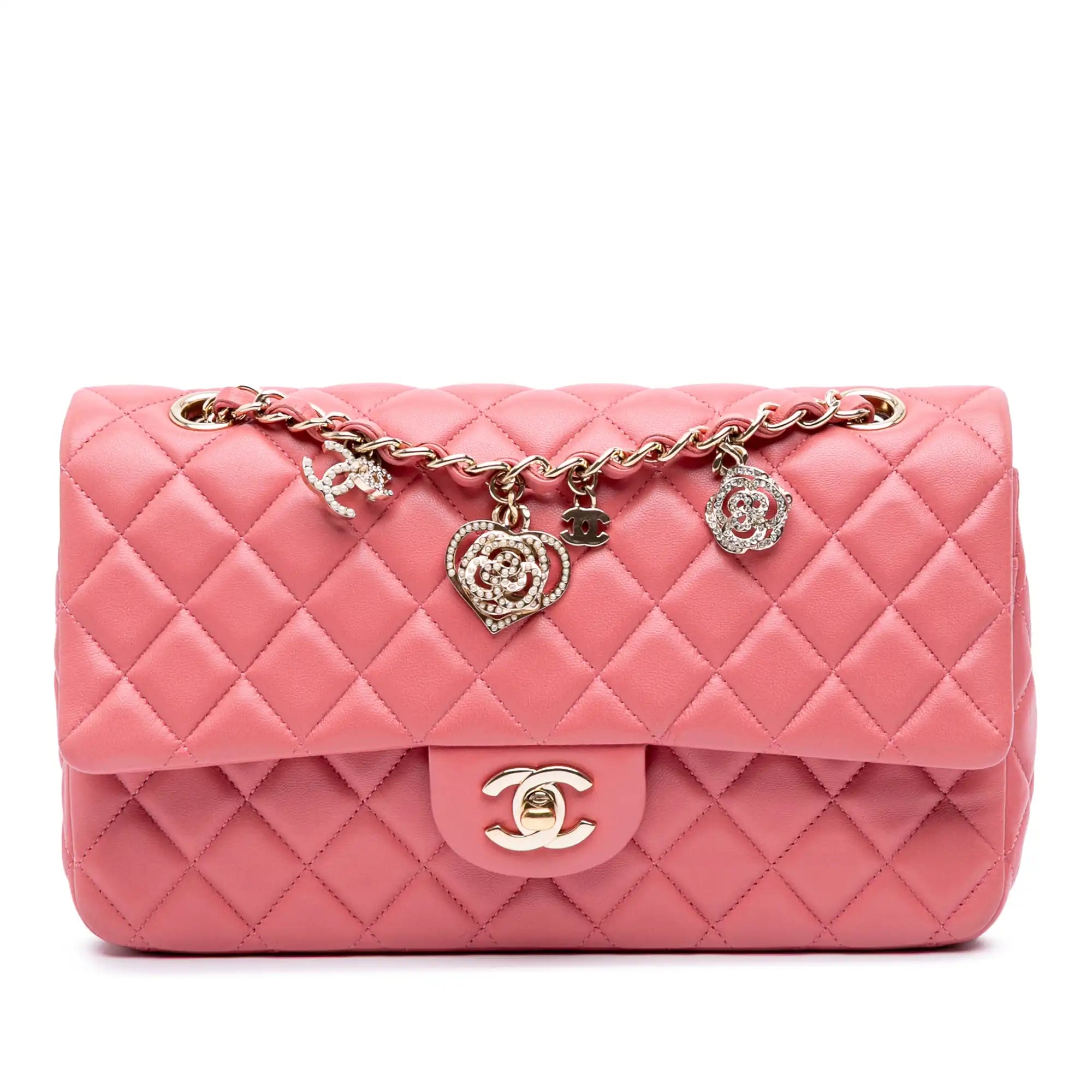 Chanel Classic Single Flap Heart Charms Medium Pink Lambskin Gold