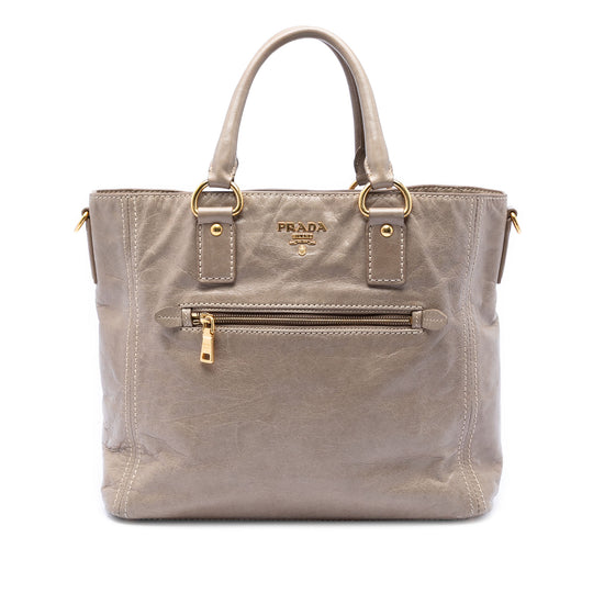 Prada Vitello Shine Front Pocket Convertible Tote Brown Calfskin