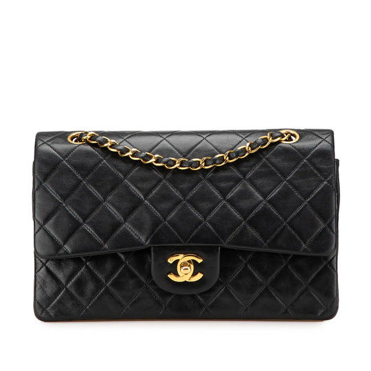 Chanel Classic doppia patta media pelle di agnello nera oro