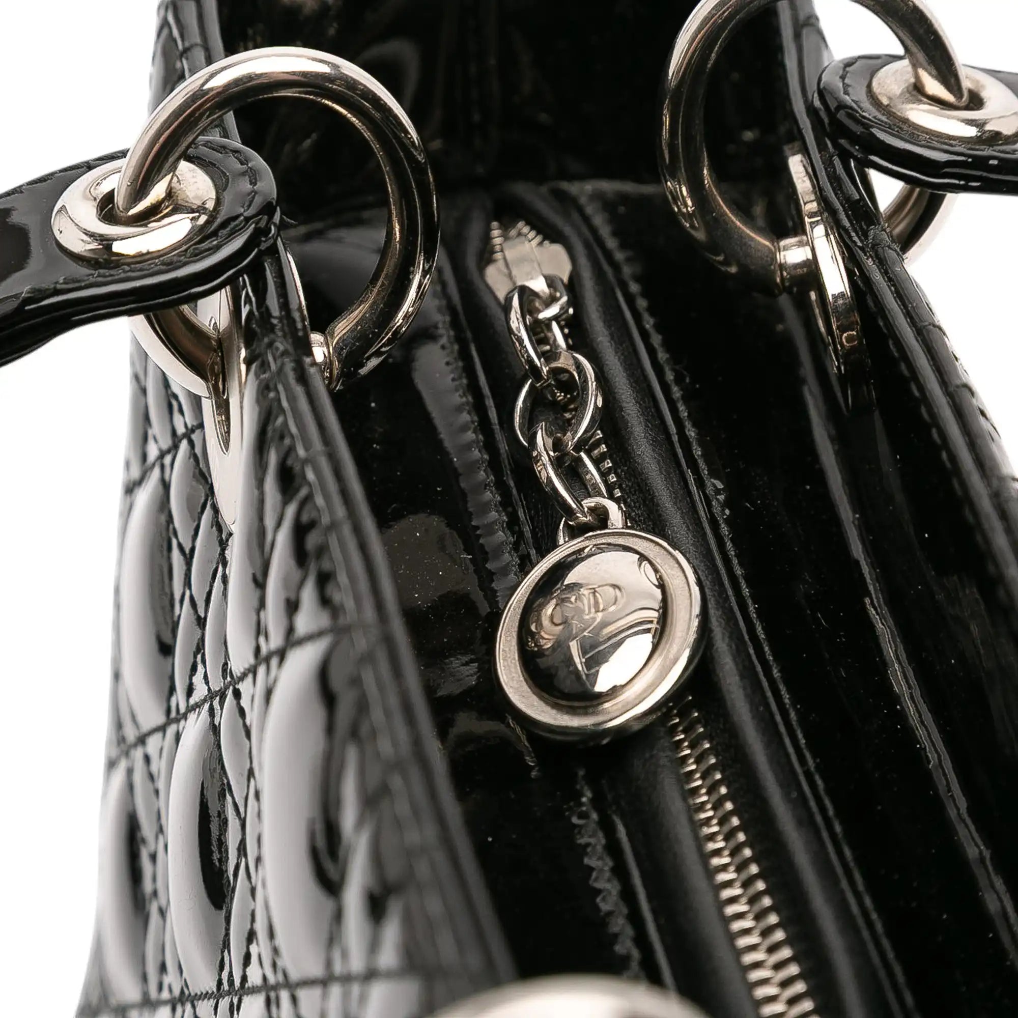 Dior Lady Dior Medium Black Patent Leather Silver