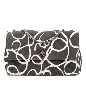 Chanel Classic Single Flap Medium Black Printed Canvas Silver