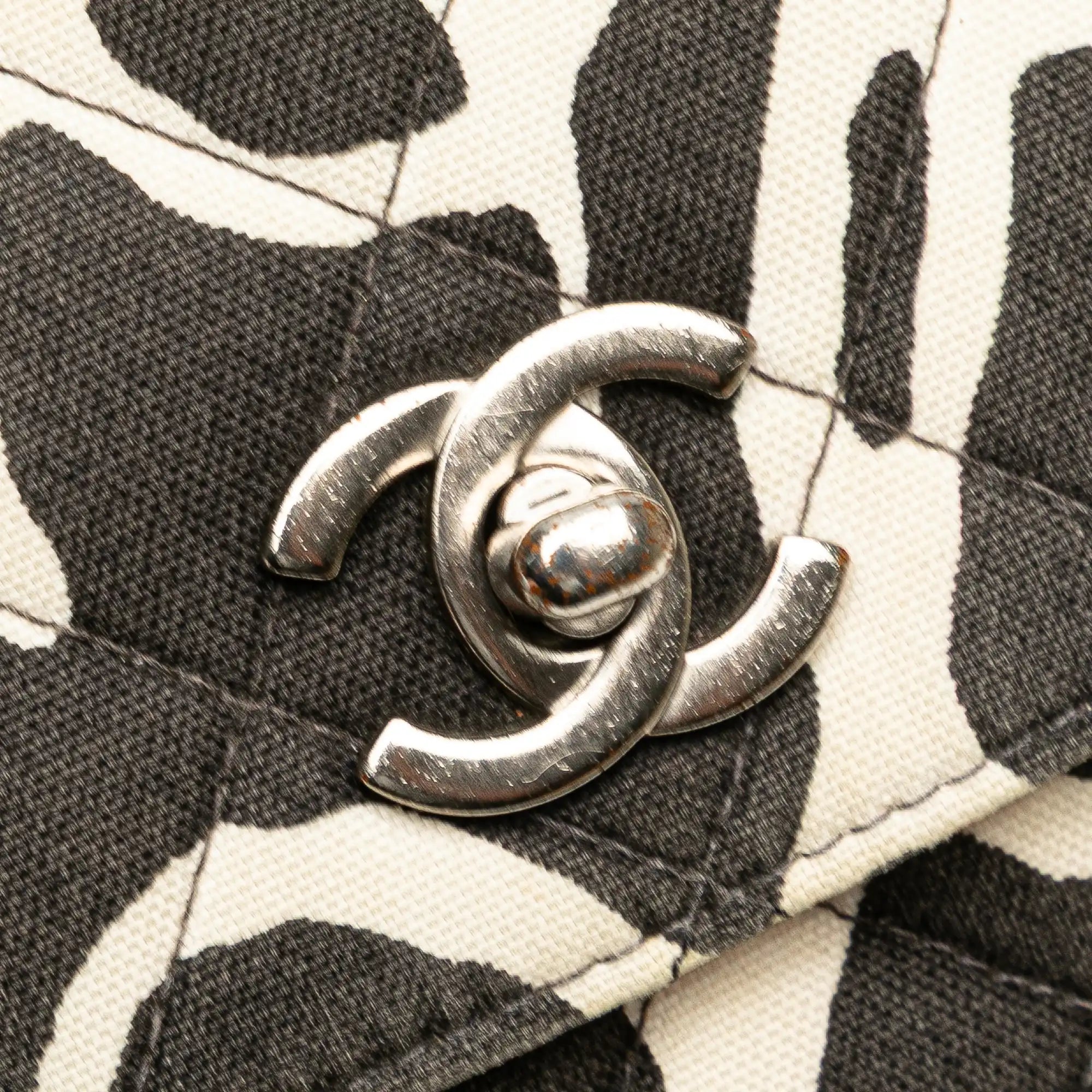 Chanel Classic Single Flap Medium Black Printed Canvas Silver