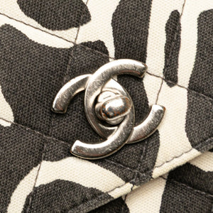 Chanel Classic Single Flap Medium Black Printed Canvas Silver