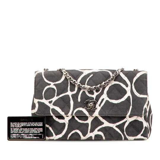 Chanel Classic patta singola media tela stampata nera argento