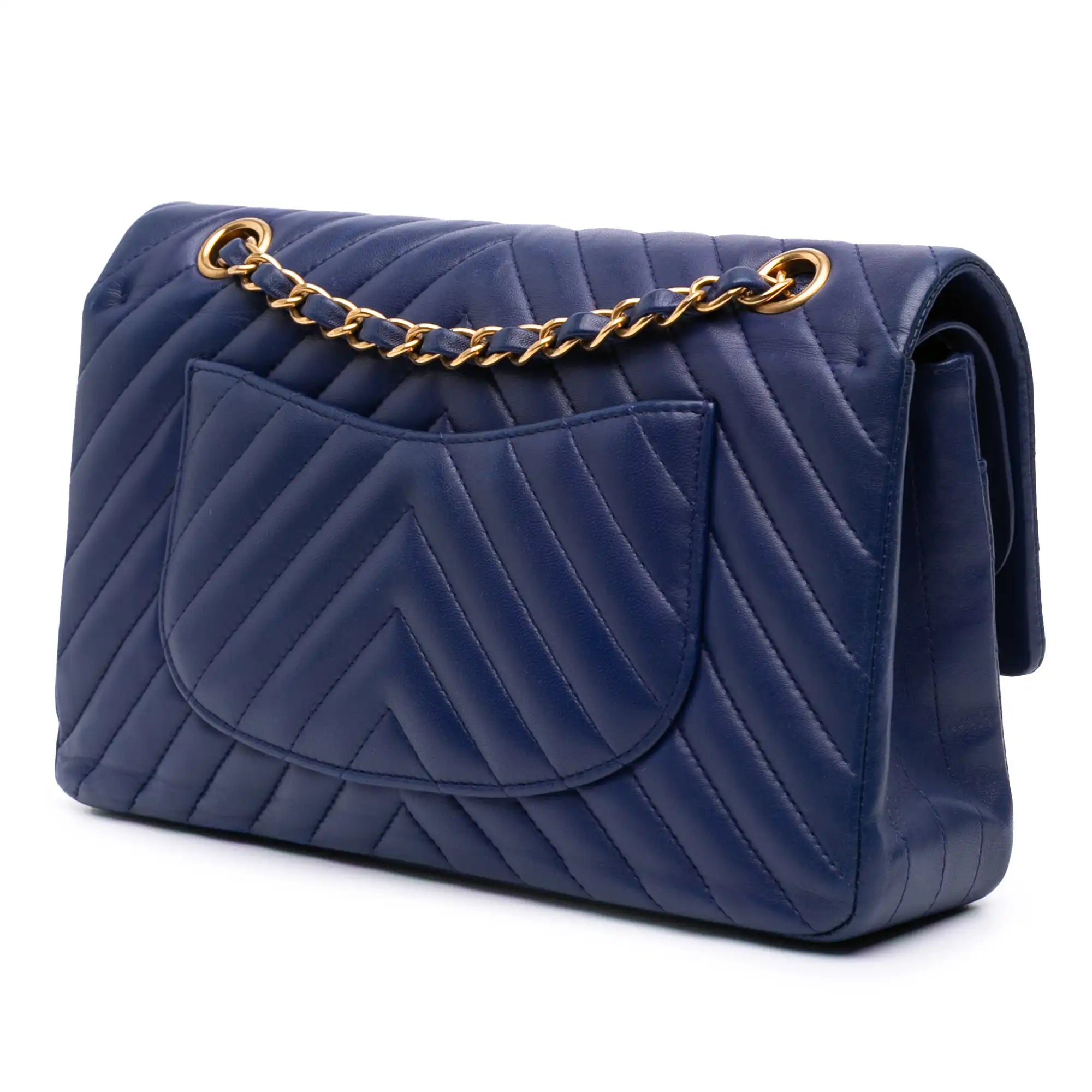 Chanel Classic Double Flap Medium Blue Chevron Lambskin Gold