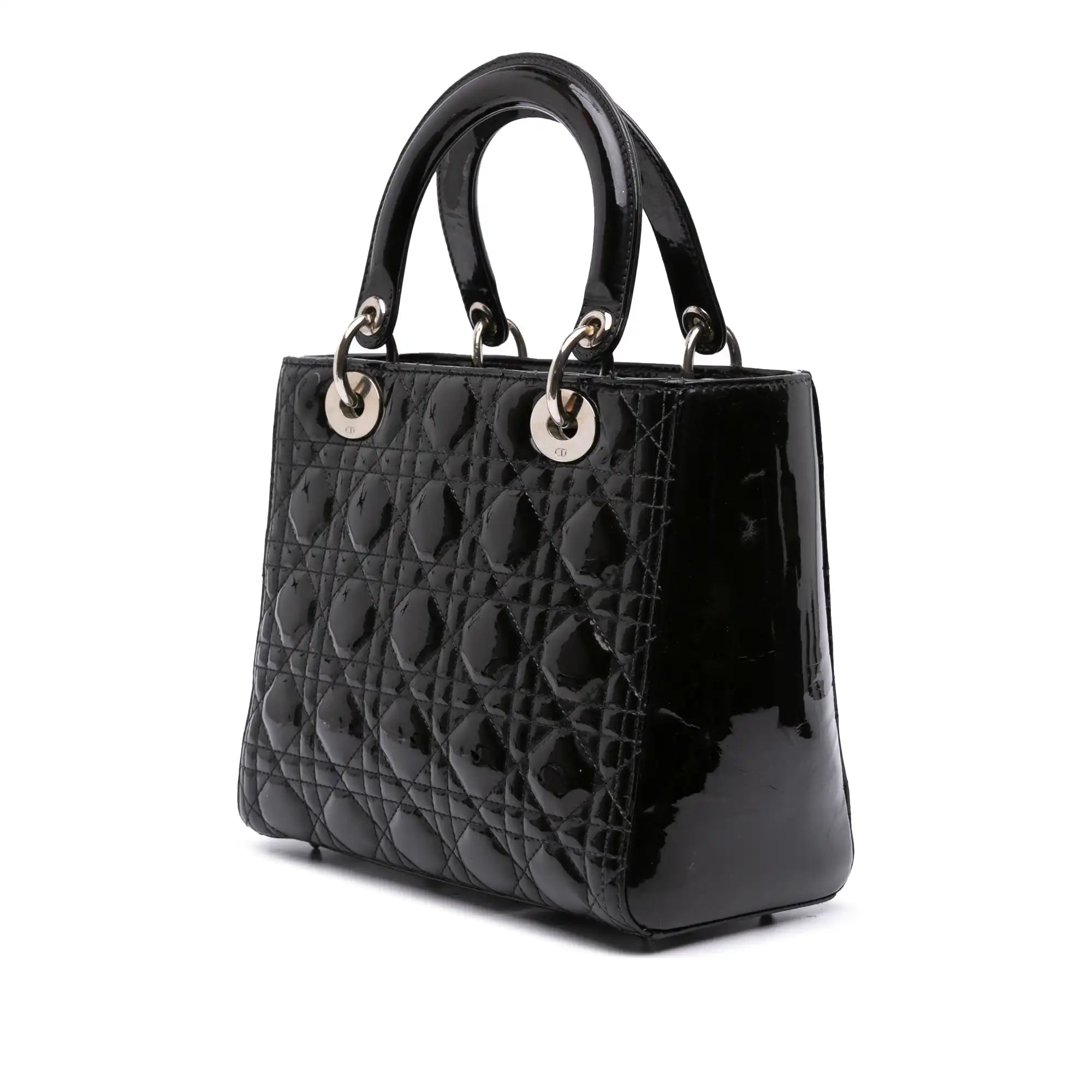 Dior Lady Dior Medium Black Patent Leather Silver