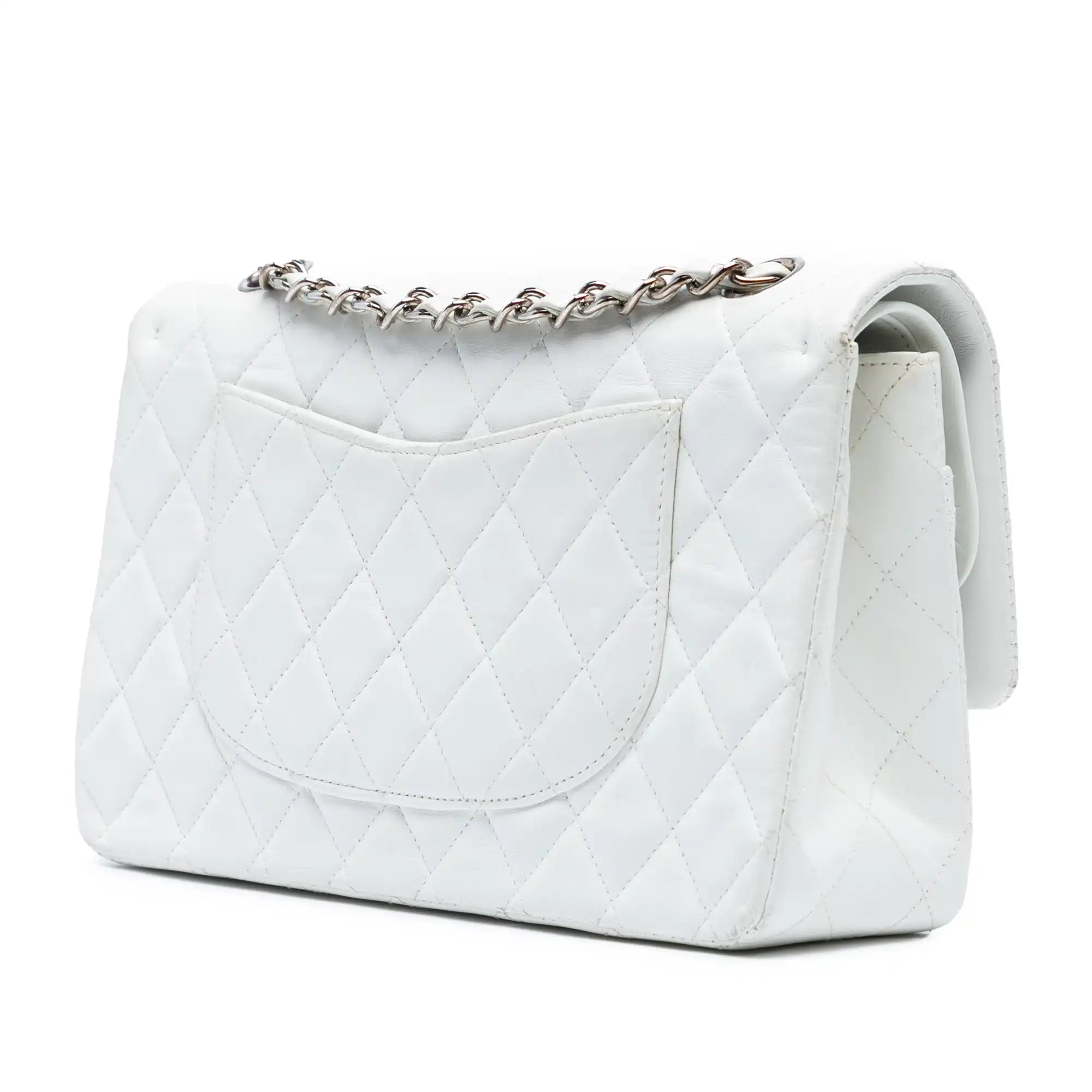 Chanel Classic Double Flap Medium White Lambskin Silver