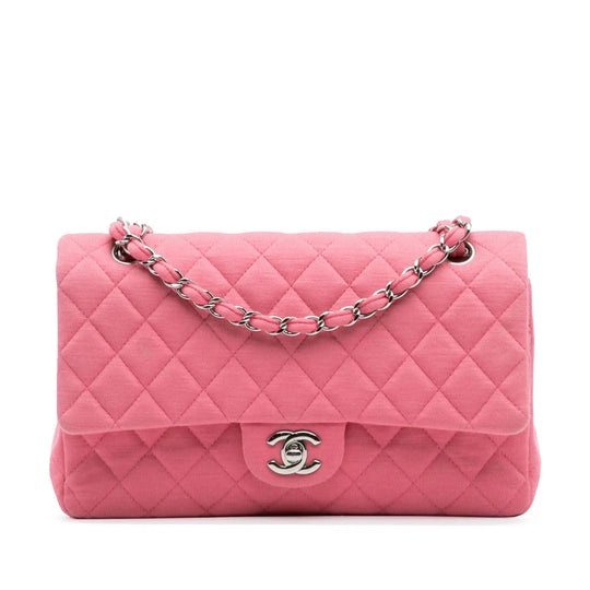 Chanel Classic Double Flap Medium Pink Jersey Silver