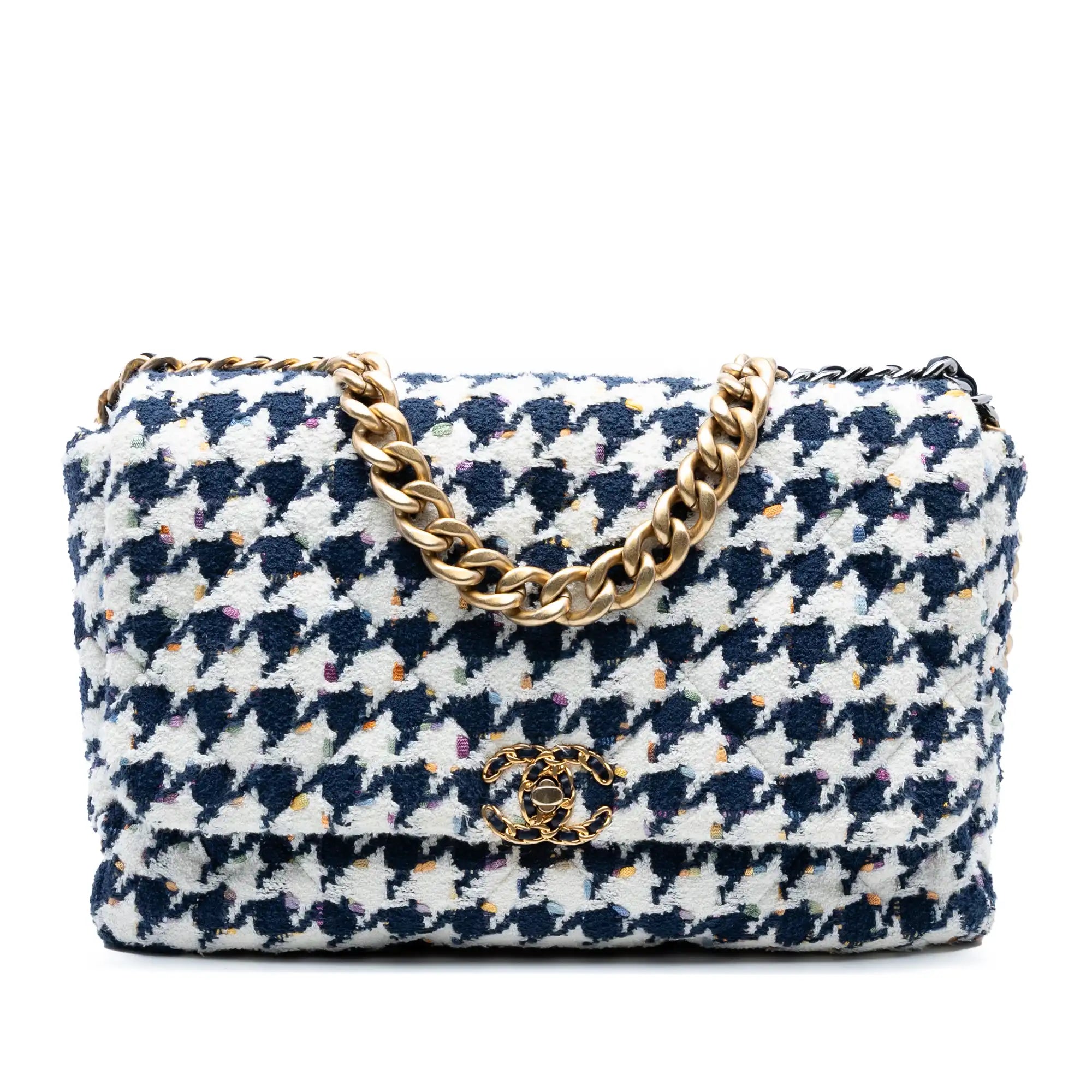 Chanel 19 Flap Bag Maxi Multicolor Houndstooth Tweed Gold