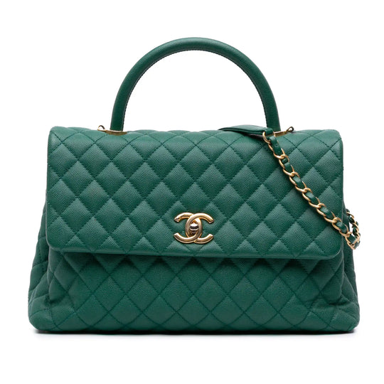 Chanel Coco Handle Flap Bag Medium Green Caviar Aged Gold