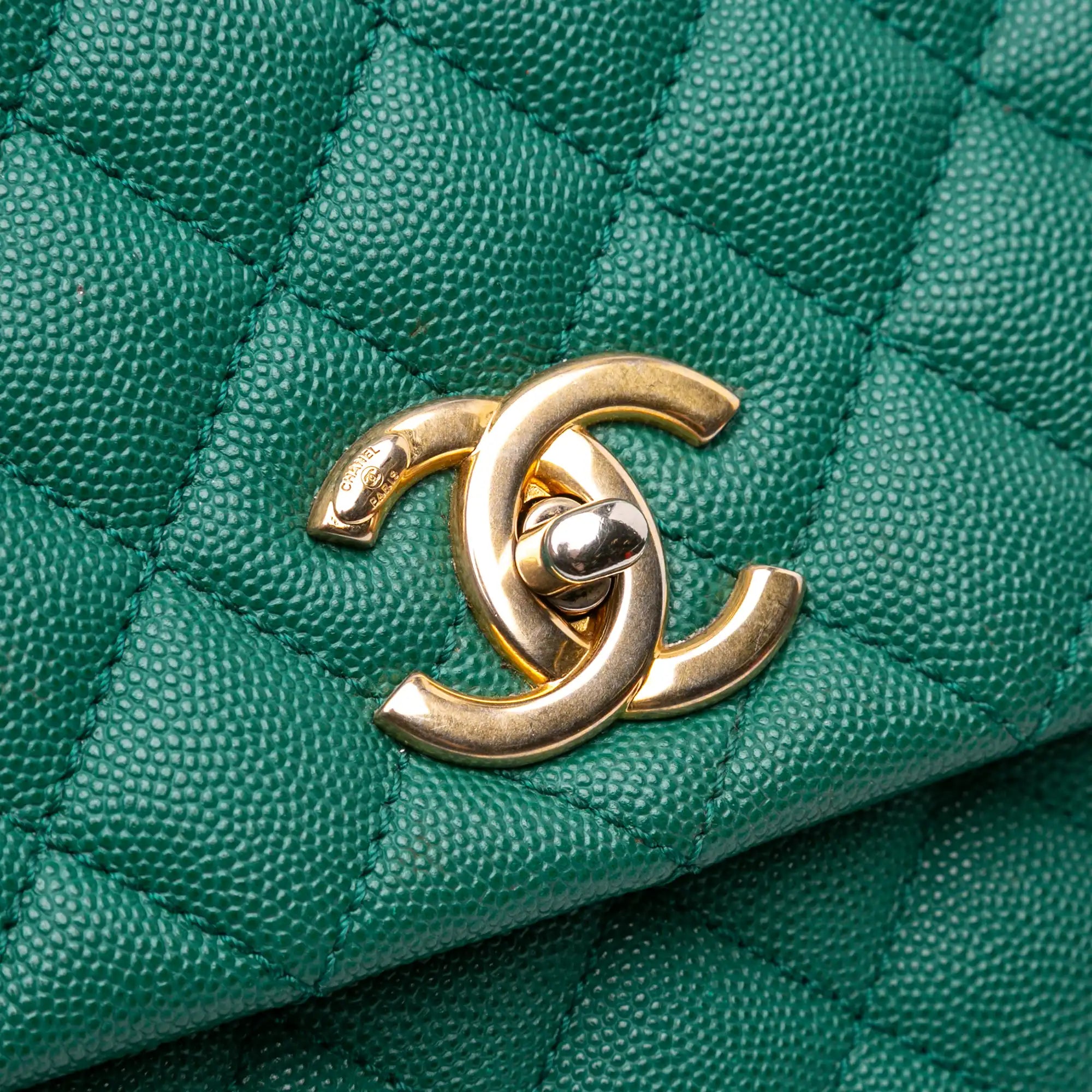 Chanel Coco Handle Flap Bag Medium Green Caviar Aged Gold