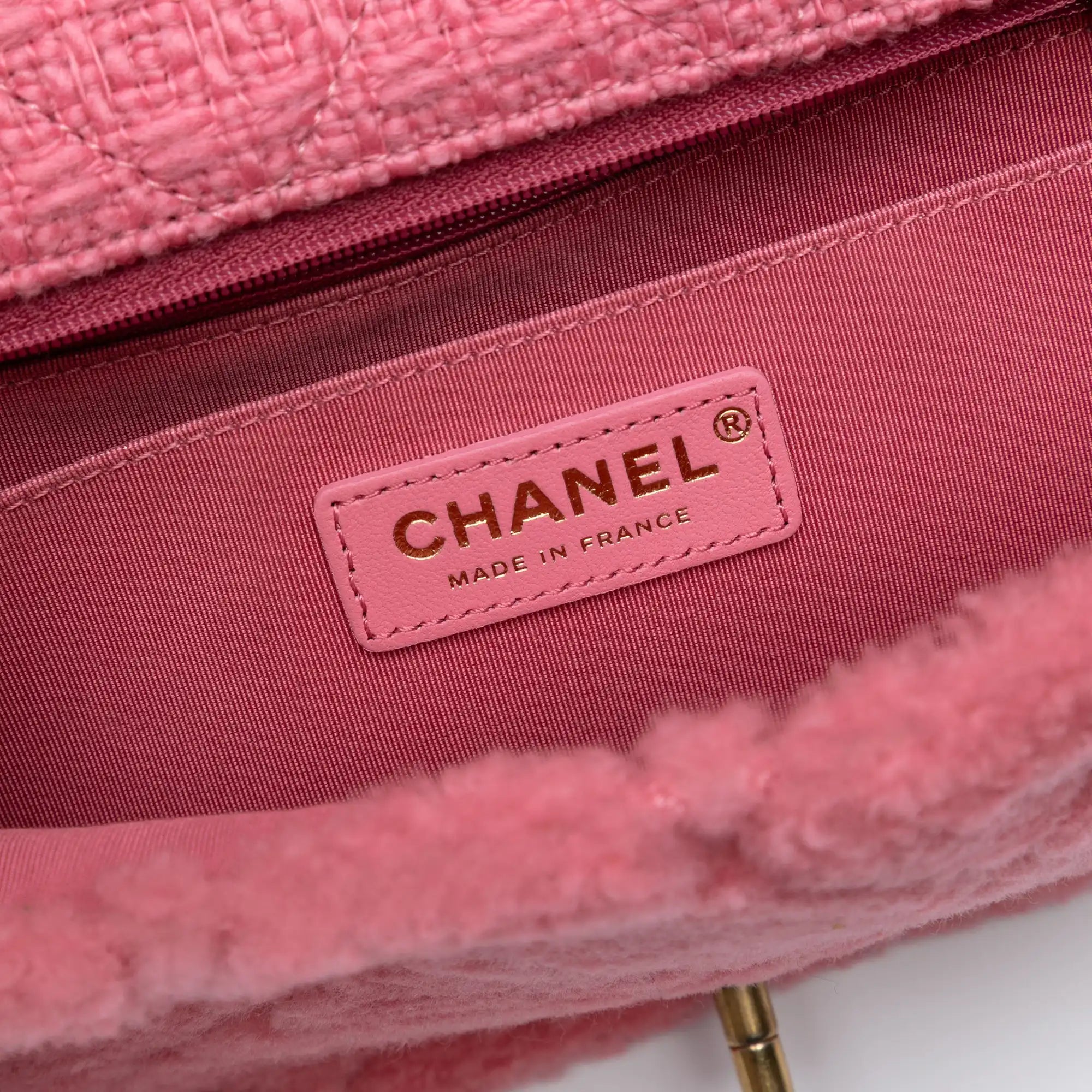 Chanel Classic Single Flap Pink Shearling Tweed Gold