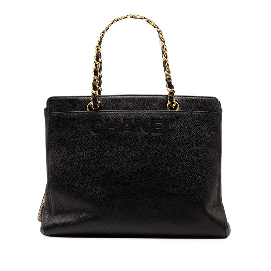 Chanel Logo Chain Tote Black Caviar