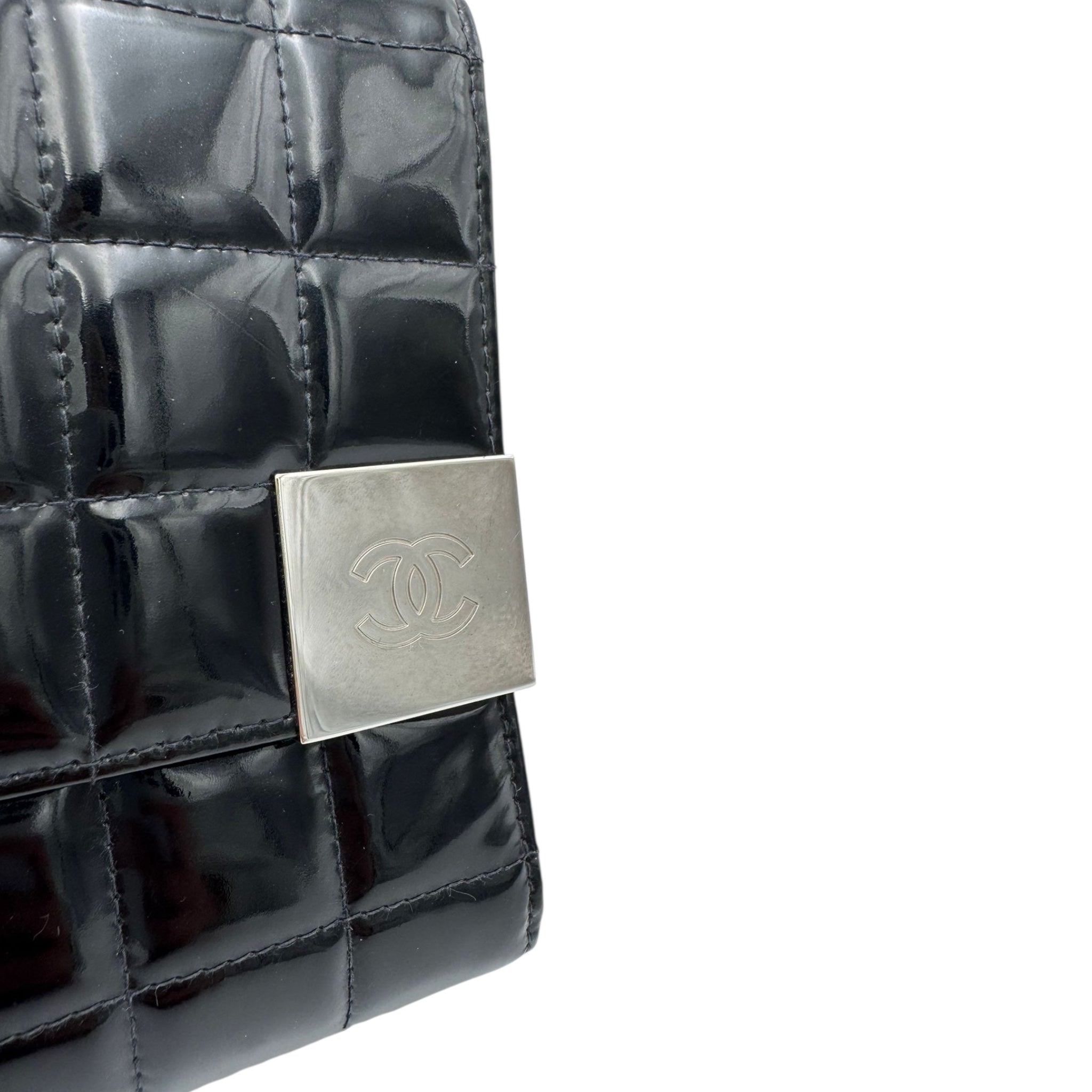 Chanel Chocolate Bar Clutch on Chain Black Patent Silver